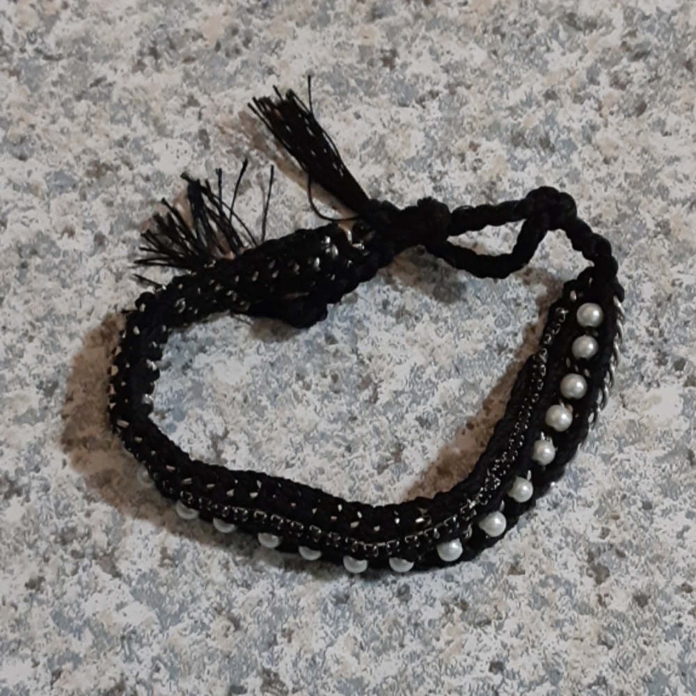 Ankorel Braided Cord Bracelet Black Faux Pearl